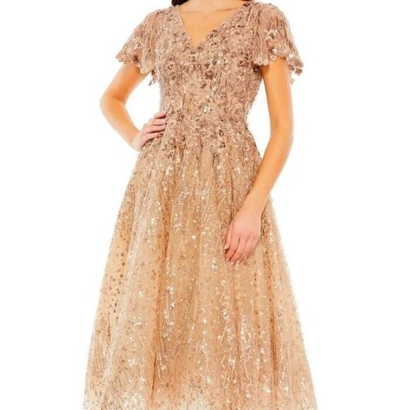 Mac Duggal Taupe Beaded Embroidered Floral Fit & Flare Cocktail Dress - Picture 1 of 4
